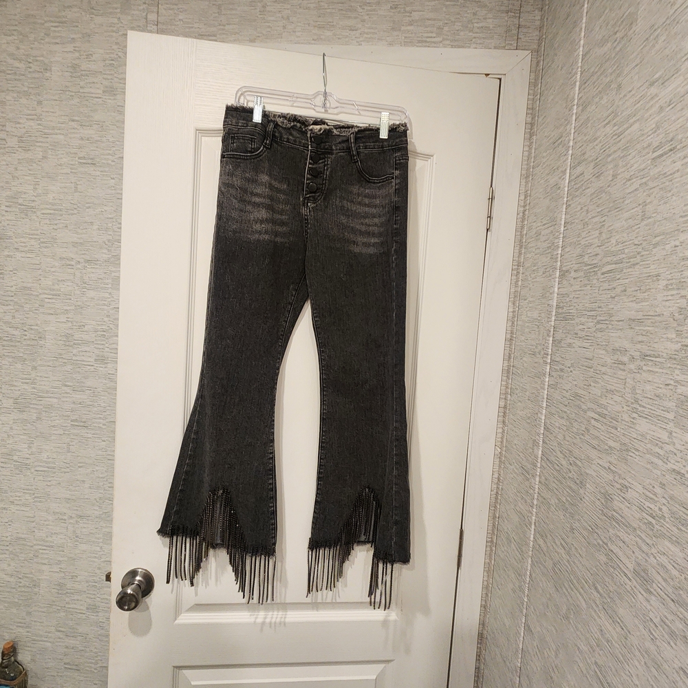 Impressions Black Rhinestone Fringed Jeans Size L BNWT